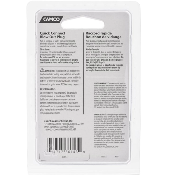 Camco RV Blow Out Plug 36143, Camco 36143