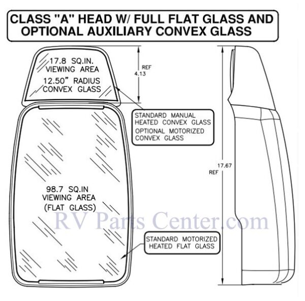 Full Flat Mirror Head in Black, Driver Side Inverted, Velvac 715137